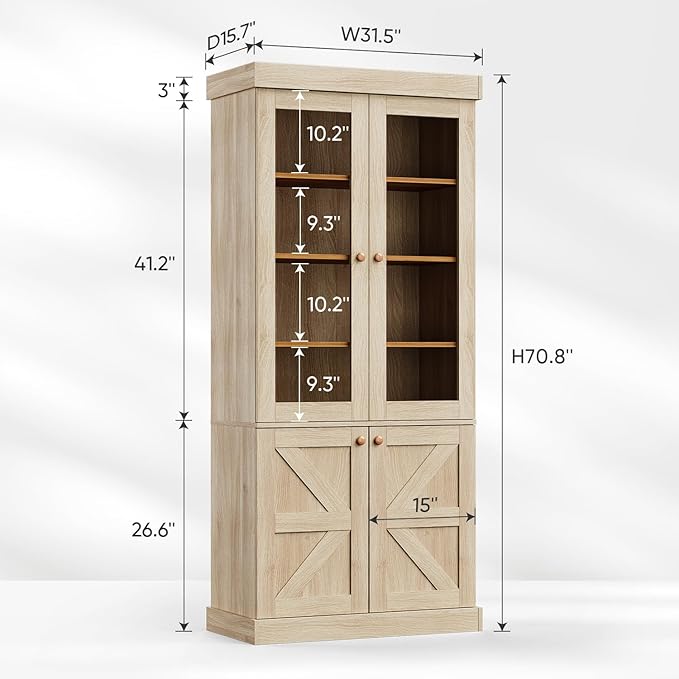 Vyre 71" Tall Farmhouse Kitchen Pantry, Set of 3 Large Storage Cabinets with Glass Doors & Adjustable Shelves, Versatile Wood Hutch for Living Room & Dining Room, Brown