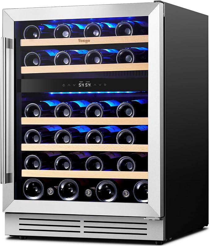 Yeego Wine Fridge Cooler - 24 Inch Dual Zone Wine Fridge Hold 52 Bottles, 40-65°F Wine Refrigerator Glass Door, Built in Fridge, Freestanding Adjustable Shelves Fridge for Beer Soda Drink Home Bar