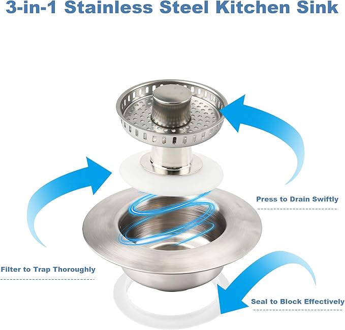 Sink Drain Strainer,Stainless Steel 3-in-1 Pop-up Sink Stopper with Sealing Ring, Anti-Clog & Odor-Proof Drain Filter, Fits 3-1/2 Inch Sink Drain Holes, Easy Installation-2pc