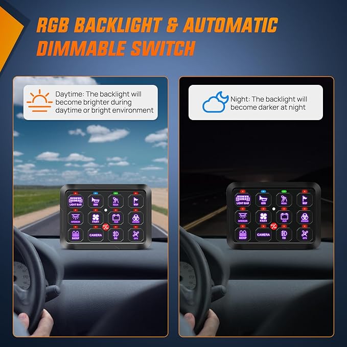 Nilight 12 Gang Switch Panel 12V 24V Universal Circuit Control Relay System with RGB Backlight APP Fuse Wiring Harness Automatic Dimmable ON Off LED Switches Pod for Car Pickup Truck Camper SUV
