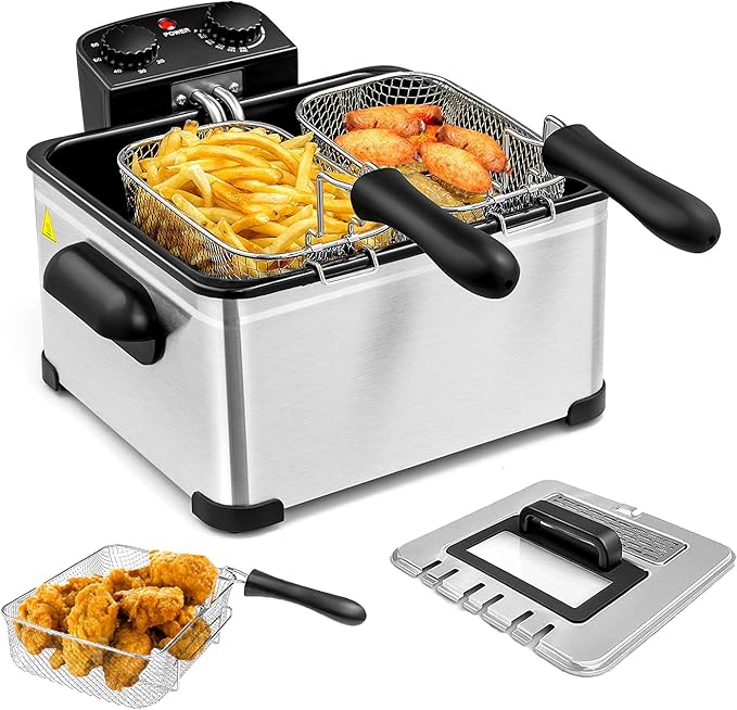 5.3QT Electric Deep Fryer with 3 Baskets, SIMOE 5L Stainless Steel Deep Fryer w/60 Timer & Lid with View Window, Home Countertop Oil Fryer w/Temperature Control for Kitchen, Party, French Fries