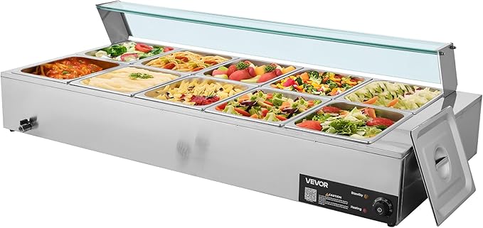 VEVOR Commercial Food Warmer, 1700W Electric Stainless Steel Steam Food Warmer with Glass Cover, 10-Pan Countertop Buffet Bain Marie with Soup & Perforated Ladles, for Catering, Restaurant & Party