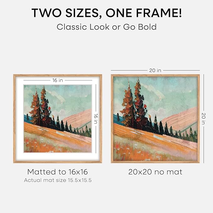 Homeforia 20x20 Wood Picture Frame, High End Natural Oak 20 x 20 Square Light Wooden Frames with Mat 16 by 16 inch Photo, 20by20 Poster Frames Matted to 16x16 Print, Tempered Glass, Wall Kit, Set of 3