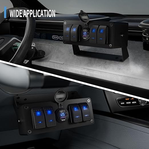 Joinfworld 4 Gang Rocker Switch Box 12V SPST ON/Off Marine Switch Panel 12 Volt Waterproof Blue LED Light Bar with Dual USB Outlet PD3.0 & QC3.0 Car USB Port for Boat Automotive Car Truck RV UTV