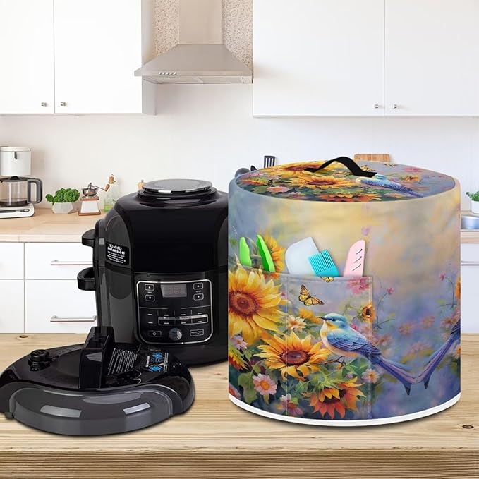 Flashideas Sunflower Bird Pressure Cooker Cover for Women Dust-proof Cover for Rice Cooker Air Fryer Kitchen Appliance Covers with Top Handle and Pocket Home Kitchen Decor Gifts for Friends