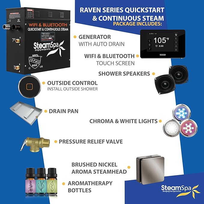 SteamSpa Steam System 7.5kW Steam Shower Generator with Bluetooth Wifi, Quickstart Continous Steam, Advanced Touch Pad Screen, Chroma Lights, Drain Pan and Auto Drain Brushed Nickel RVBS750BN-A