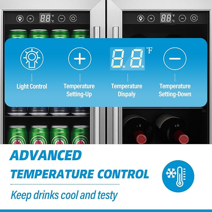 24 Inch Wine and Beverage Refrigerator, Dual Zone Wine Cooler with Advanced Cooling, 176 Cans and 42 Bottles Capacity, Built-in or Freestanding Beverage Fridge for Home, Bar, Kitchen