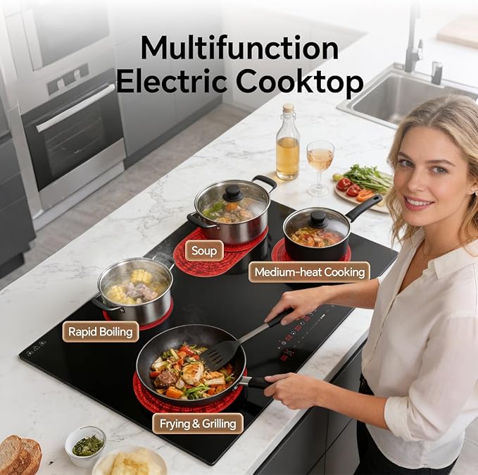 Ranein Electric Cooktop with 4 Burners, 30 inch 7900W 240V Ceramic Panel Electric Cooktop, Multiple Safety Protections Stove, Touch Screen