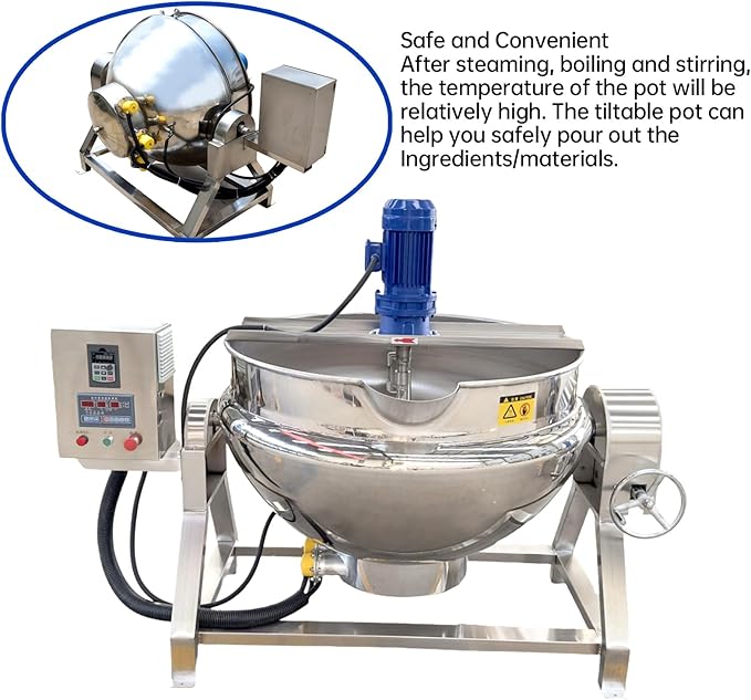 Kolice Commercial Electric Jacketed Cooking Kettle Machine with Mixer, Automatic Tiltable Pot for Soup/Chilli Sauce/Jams, 200L 52.8Gallon Capacity, 304 Stainless Steel, 220v 3-Phase 60hz