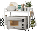 NETEL Expandable Microwave Stand,2 Tier Metal Kitchen Countertop Organizer Shelves with Paper Towel Holder and Baskets,Bakers Rack,Microwave Shelf,Microwave Oven Rack,55lbs Weight Capacity,White