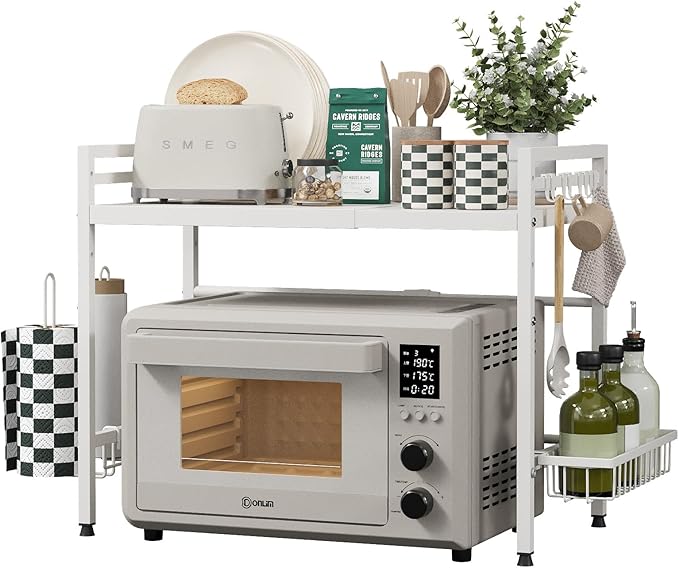NETEL Expandable Microwave Stand,2 Tier Metal Kitchen Countertop Organizer Shelves with Paper Towel Holder and Baskets,Bakers Rack,Microwave Shelf,Microwave Oven Rack,55lbs Weight Capacity,White