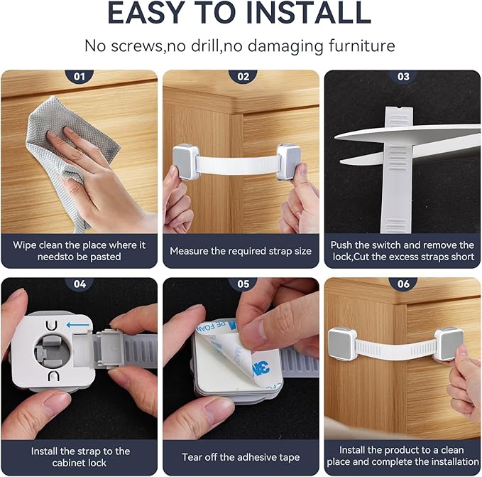 6 Pack Child Safety Cabinet Locks for Baby Proofing, Length Adjustable Latch Straps Dual Button Design for Drawers Fridge Refrigerator Doors Toilet Seat Oven