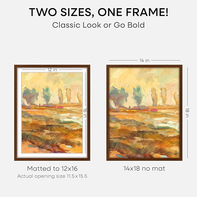 Homeforia 14x18 Picture Frame Brown, High End Dark Oak 14x18 Poster Wood Frame with Mat 12x16 for Photo, 14 x 18 Wooden Walnut Frame Matted to 12 x 16, 18x14 Frames, Tempered Glass, Wall Kit, Set of 3