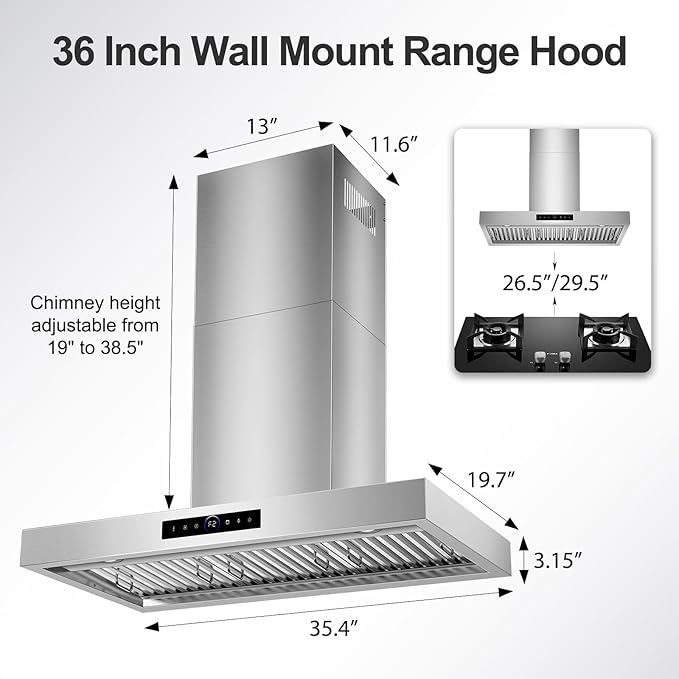 36 inch Range Hood Wall Mount, 1200 CFM with 4-Speed Gesture Sensing & Touch Control, Stainless Steel Kitchen Stove Vent Hoods with 2 LED Lights, Time Setting, Dishwasher-Safe Baffle Filters