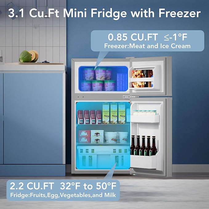 3.1 Cu.Ft Small Fridge with Freezer, Compact Refrigerator with 2 Doors, Mini Fridge with Adjustable Removable Glass Shelves for Bedroom, Dorm, Office or Apartment,Grey