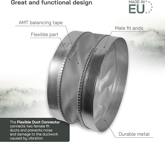 Vent Systems 12" Inch Flexible Vibration-Reducing Duct Connector – Round Galvanized Steel Vent Hose Adapter, Male-End Spiral Duct, Pipe Extender, HVAC Ventilation Fittings - Inline Duct Work Coupler