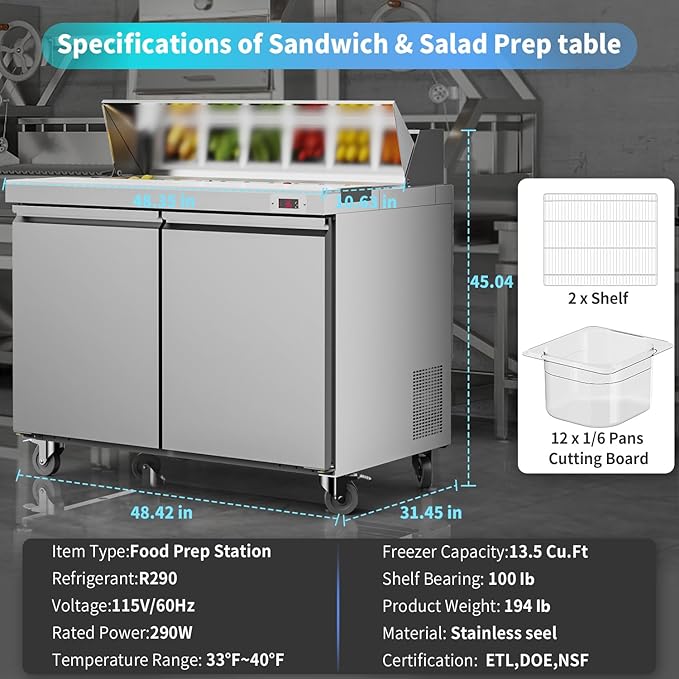 48" W Sandwich Salad Prep Table Refrigerator Commercial Refrigerator with 12 Pans Stainless Steel Fan Cooling Kitchen Equipment