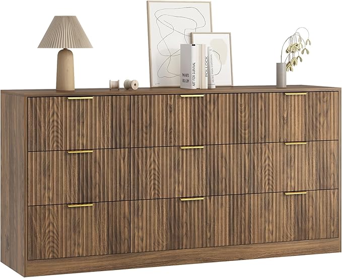 9 Drawer Dresser for Bedroom with Deep Drawers, 63" Wide Wood Dresser, Large Floor Chest of Drawers, Modern Long TV Stand, Mid Century Storage Cabinet Side Table, Natural