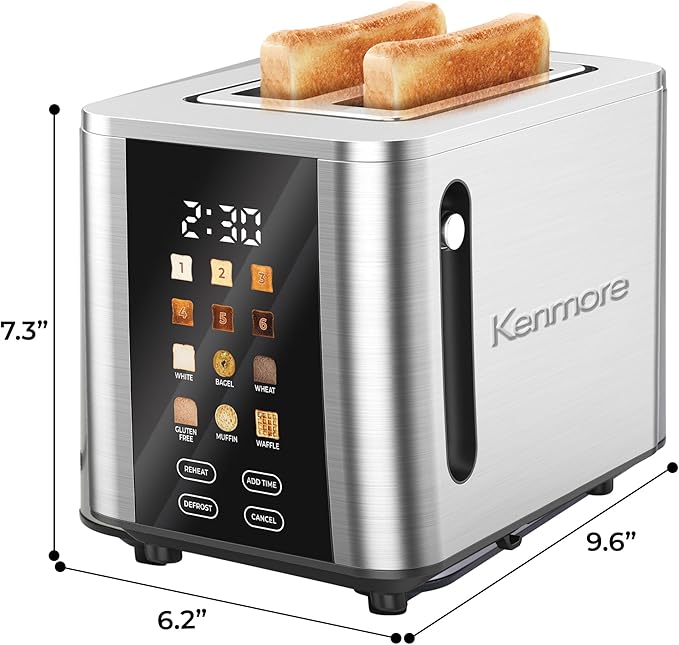 Kenmore 2-Slice Toaster - Color Touch Screen & 6 Shade Settings, Extra Wide Slots, Digital Countdown Timer, Customizable Smart Presets, Reheat, Defrost, Add Time Functions, Stainless Steel