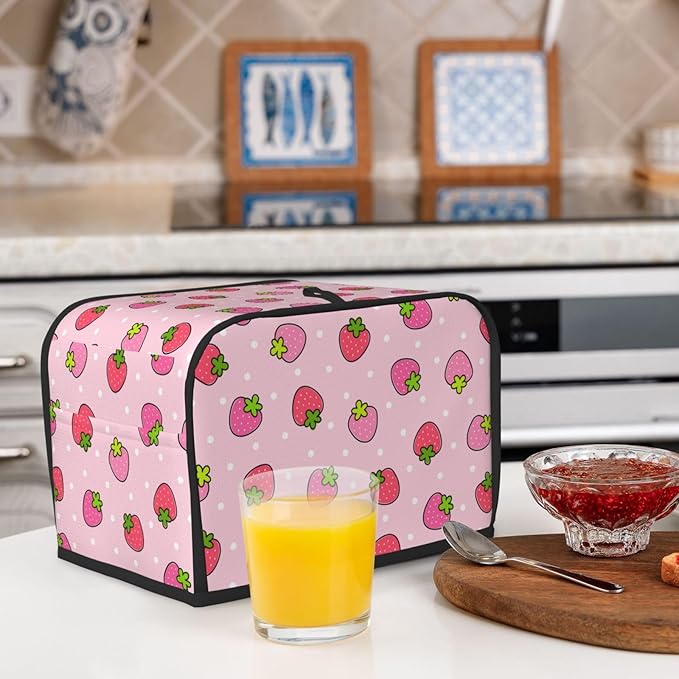 Pink Cute Strawberry 2 Slice Toaster Cover, Waterproof Toaster Dust Cover Bread Maker Protective For Small Kitchen Appliance Dining Room Home Table Decor Gifts