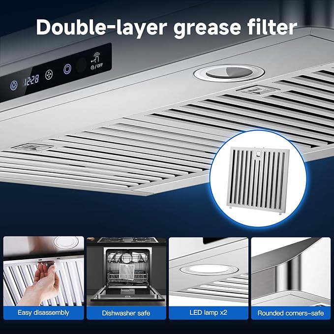 AMZCHEF Under Cabinet Range Hood 30 Inch, 750CFM Stainless Steel Kitchen Stove Vent Hood 3 Speed Exhaust Fan Touch/Remote/Gesture Control LED lights Time Setting Dishwasher-Safe Baffle Filters