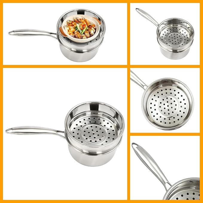 Steamer 18cm/7.08in, 2-tier Polished Stainless Steel Steam Cooker w/Clear Lid, 14cm/5.51in Saucepan w/ 19cm/7.48in Handle, Home Stackable Steam Pot for All Stoves (1xBottom Pot, 1xSteaming Basket)