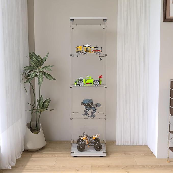 Frameless Glass Display Cabinet, Curio Cabinet Display Case with Lock and Glass Door, Quick-Install Floor Standing Showcase Display Shelf for Collectibles, Legos, Figures, Plants