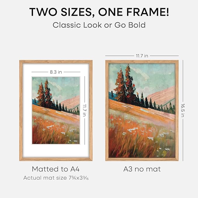 Homeforia A3 Picture Frame Wood, High-End Natural Oak 11.7 x 16.5 Wooden Poster Frames Matted to 8.3 by 11.7 Photo, A3 Size Light Wooden Frame with Mat A4 for Print, Tempered Glass, Wall Kit, Set of 2