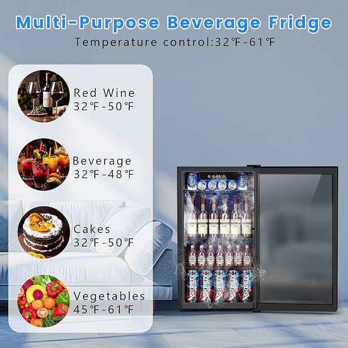 95 Cans Beverage Refrigerator, 26 Bottle Mini Fridge, 2.7 cu.ft Drink Fridge Digital Temperature Control for Bottled Beer, Soda,Water