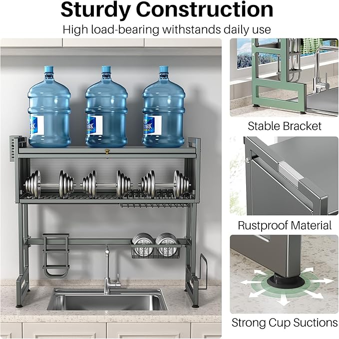 Over The Sink Dish Drying Rack with Cover, Over The Sink Dish Drainer Drying Rack 3 Tier Dish Rack, Keep Kitchen Sink Shlef Organized Space-Saving for Dishes and Cutlery (Matte Gray, 37.4" Length)