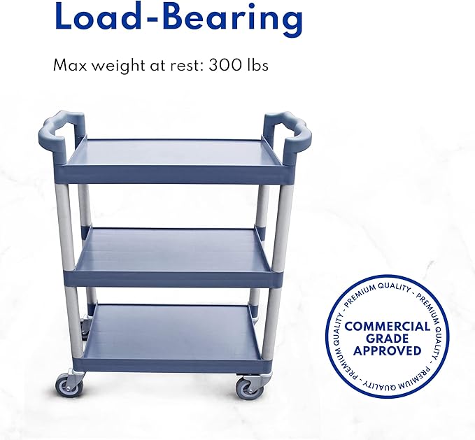 New Star Foodservice 54545 250-Pound Plastic 3-Tier Utility Bus Cart with Locking Casters, 32" x 16" x 38", Gray