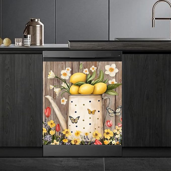 Farmhouse Lemon Dishwasher Magnet Cover,Pastoral Flowers Butterfly Magnetic Dishwasher Cover Vinyl Sticker,Fridge Door Cover Magnets Art Skin Panel Decal,Home Decor Decal,23"X26"