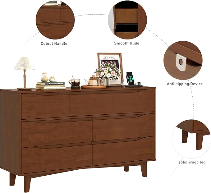 55”Solid Wood Drawers Dresser with Power Outlets, 7 Drawer Dresser for Bedroom, Mid Century Modern Vintage Large Chest of Dresser for Hallway, Entryway,Cutout Handle, Storage Essentials, Brown