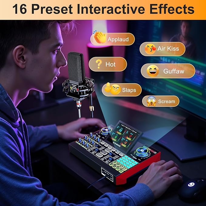 Live Sound Card Audio Mixer, Podcast Equipment Bundle with 3.5mm Condenser Microphone for Pc/Phone Live Streaming Singing Gaming, Sound Board with Voice Changer, Denoise