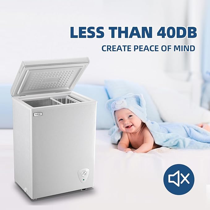 Chest Freezer 3.5 Cu.Ft Small Deep Freezer Top Door Mini Freezer with Removable Basket, Low Noise, 7 Adjustable Temperature and Energy Saving Perfect for Home Garage Basement Dorm or Apartment White