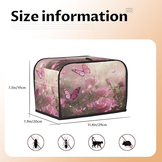 2 Slice Toaster Cover for Kitchen Spring Butterfly Rose Garden Waterproof and Dustproof Toaster Dust Cover with Side Pockets Decorative Universal Cover for Wide Slot Toasters and Small Appliances