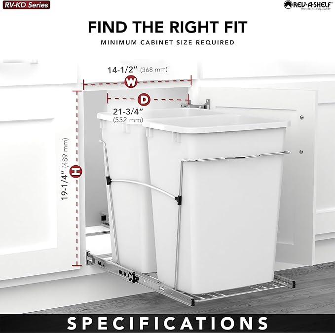 Rev-A-Shelf RV-18KD-1918C-S Double Pullout Trash Can for Kitchen Cabinets 35 Quart Garbage Recycling Bin Container on Full Slides, Green/Black