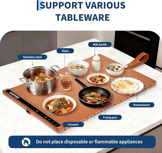 Garvee Electric Food Warming Mat for Countertop, 24x15 in, Dual Zone Control, Portable Silicone Food Warmer Pad Tray with Timer & 6 Temp Levels for Buffet Party, Easy to Clean, Orange