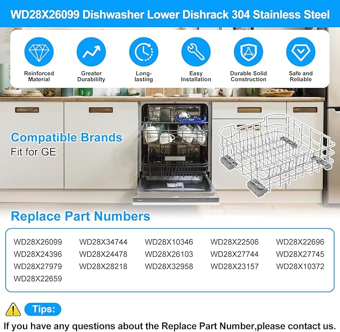 Upgraded WD28X34744 WD28X26099 Dishwasher Lower Rack Compatible with GE Dishwasher Rack Parts,WD28X28918 WD28X22659 WD28X34744 GDF510PSM0SS 304 Stainless Steel GE Dishwasher Bottom Rack with Wheel