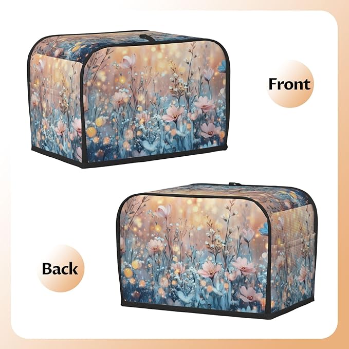 2 Slice Toaster Cover for Kitchen Flower Field Landscape Waterproof and Dustproof Toaster Dust Cover with Side Pockets Decorative Universal Cover for Wide Slot Toasters and Small Appliances