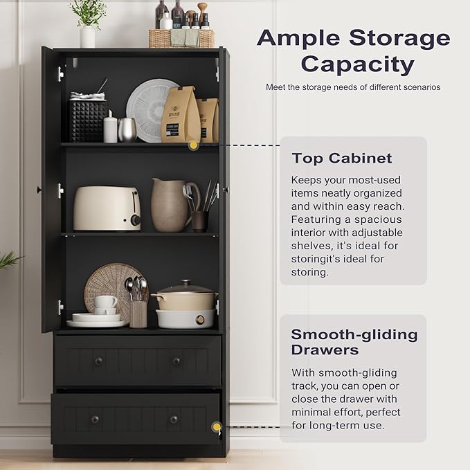 65" H Storage Cabinet, Farmhouse Kitchen Pantry Cabinet with 2 Doors & Adjustable Shelf, Handbag Storage Organizer for Living Room, Bathroom, Kitchen, Black