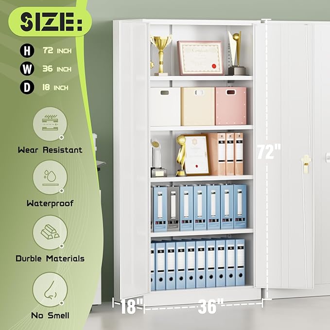Oakmont Metal Storage Cabinet for Tool Organization, 72" Lockable Garage Storage Cabinets with 2 Doors and 4 Adjustable Shelves, Locking File Cabinet for Office, Home, School (72“ Wide-White)