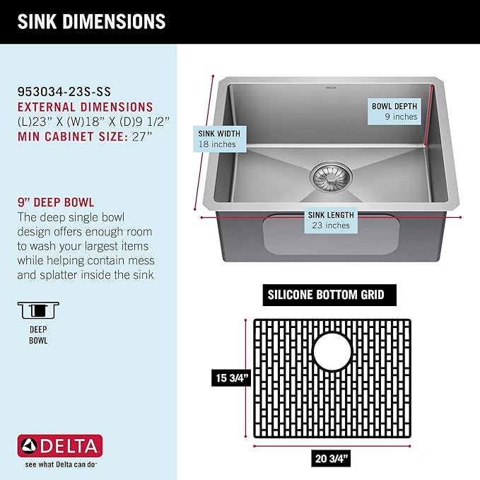 DELTA FAUCET Delta Lenta 23-inch Undermount 16 Gauge Stainless Steel Single Bowl Kitchen Sink with Accessories, 953034-23S-SS, Satin