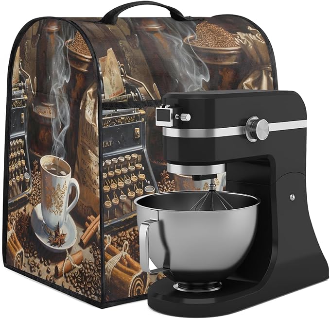 Kitchen Aid Mixer Cover Retro Coffee Bean Pattern Stand Mixer Cover Compatible with 6-8 Quarts Stand Mixers, Dust Covers with Zipper Pocket Foldable Washable Kitchen Aid Organizer Bag