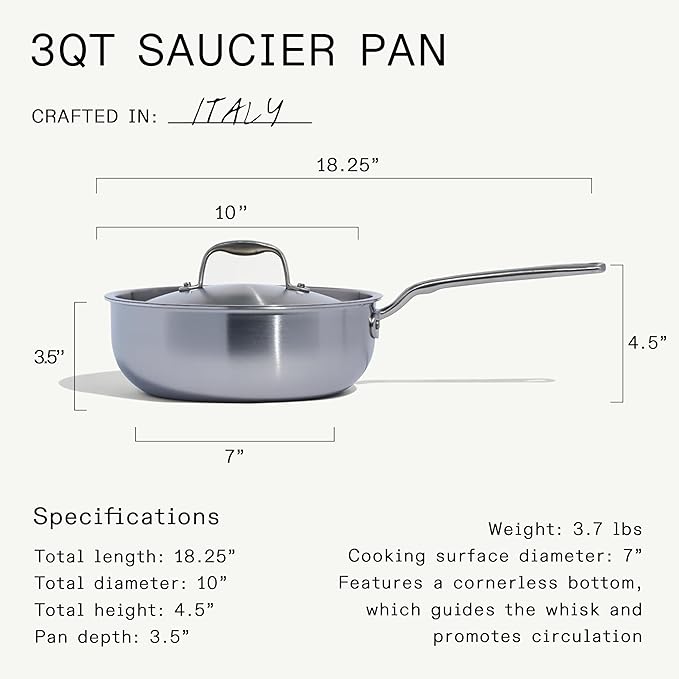 Made In Cookware - 5 Quart Stainless Steel Saucier Pan - 5 Ply Stainless Clad - Professional Cookware - Crafted in Italy - Induction Compatible