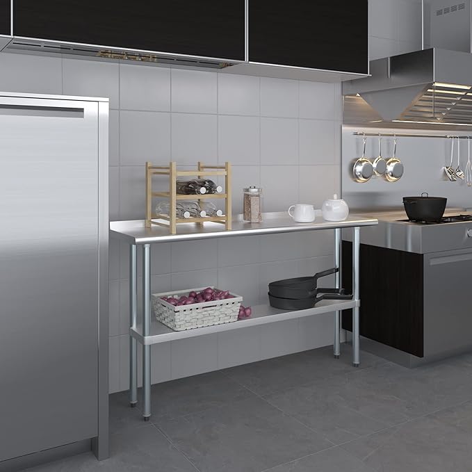 AmGood 60" Long x 14" Deep Stainless Steel Work Table with 1.5" Backsplash | Metal Kitchen Food Prep Table | NSF