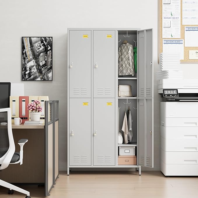METAN Metal Locker for School Office Gym Bedroom,6 Doors Steel Storage Lockers Cabinet for Employees,Industrial Storage with 1 Shelf,Assembly Required,Light Gray