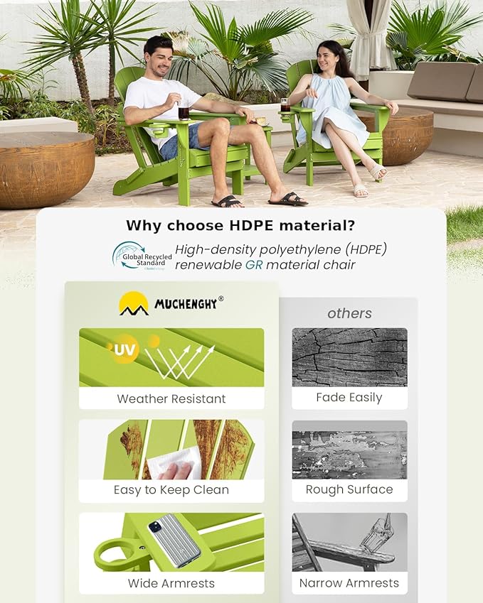 MUCHENGHY Folding Adirondack Chairs Set of 4, Patio Chairs, Lawn Chairs, Outdoor Chair, Adirondack Chair Plastic, Fire Pit, Weather Resistant with Cup Holder for Deck, Backyard, Garden(Lemon Green)