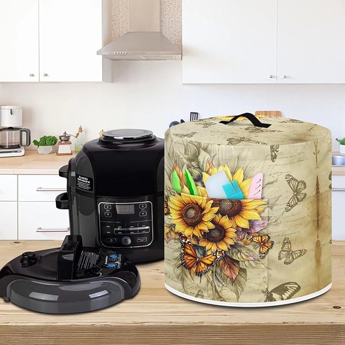 Sunflower Butterfly Print Pressure Cooker Cover for 8 Quart Instant Pot and Air Fryer Accessories, Stain Resistant Washable Round Protective Cover Electric Appliance Cover with Front Pocket