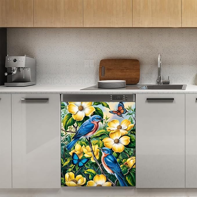 Flowers Birds Butterfly Dishwasher Magnet Cover Front Dishwasher Cover Decor Reusable Magnetic Door Cover Panel Decal Home Appliances Stickers Kitchen Refrigerator Fridge 23"x26"